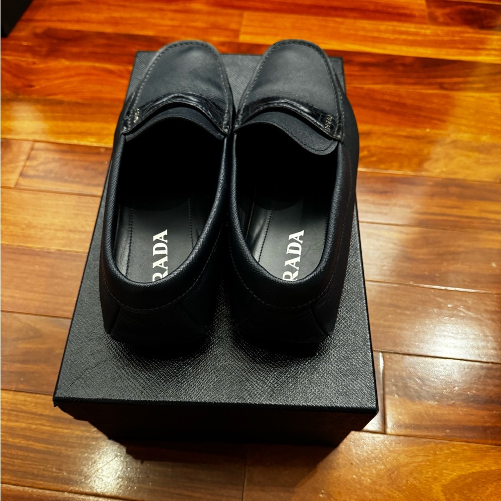 Prada Dark Navy Leather Loafers with Croc Penny Detail - Picture 4 of 4
